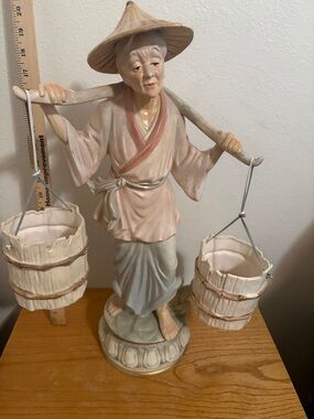 Porcelain Asian Fisherman Figurine in Cream and Tan - Unbranded